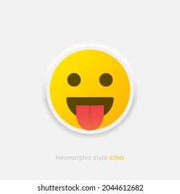 Neumorphic emoji shows tongue vector icon. Positive smile in neumorphism style isolated on gray background Vector EPS 10