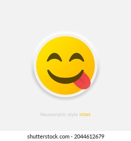 Neumorphic emoji vector icon. Positive emoticon with tongue in neumorphism style isolated on gray background Vector EPS 10