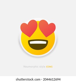 Neumorphic enamored emoji vector icon. Positive love emoticon with hearts in neumorphism style isolated on gray background Vector EPS 10