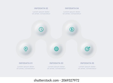 Neumorphic flow chart infographic. Creative concept for infographic with 5 steps, options, parts or processes.
