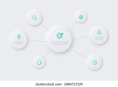 Neumorphic flow chart infographic. Creative concept for infographic with 6 steps, options, parts or processes.