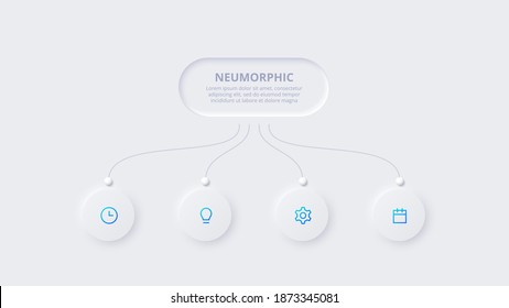 Neumorphic flow chart infographic. Template for diagram, graph, presentation and chart. Skeuomorph concept with 5 options, parts, steps or processes.