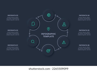 Neumorphic flowchart dark iinfographic. Creative concept for infographic with 6 steps, options, parts or processes.	