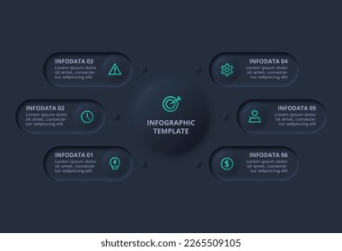 Neumorphic flowchart dark iinfographic. Creative concept for infographic with 6 steps, options, parts or processes.