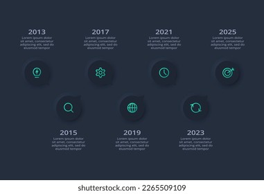 Neumorphic flowchart dark iinfographic. Creative concept for infographic with 7 steps, options, parts or processes.	