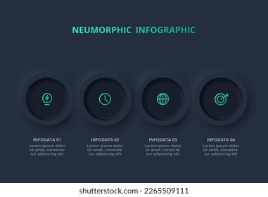 Iinfografía oscura del diagrama de flujo neumórfico. Concepto creativo para infografía con 4 pasos, opciones, partes o procesos.	
