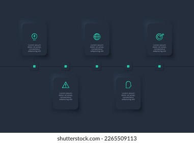 Iinfografía oscura del diagrama de flujo neumórfico. Concepto creativo para infografía con 5 pasos, opciones, partes o procesos.	
