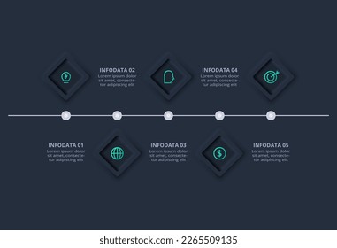 Iinfografía oscura del diagrama de flujo neumórfico. Concepto creativo para infografía con 5 pasos, opciones, partes o procesos.	