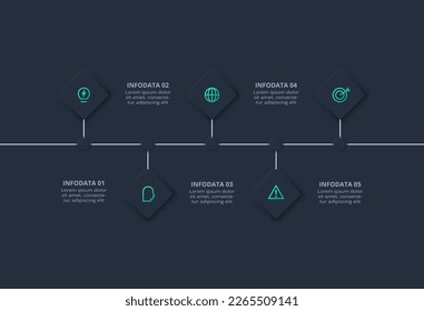 Neumorphic flowchart dark iinfographic. Creative concept for infographic with 5 steps, options, parts or processes.	