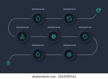 Neumorphic flowchart dark iinfographic. Creative concept for infographic with 7 steps, options, parts or processes.	