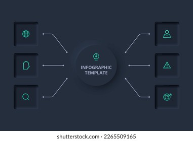 Neumorphic flowchart dark iinfographic. Creative concept for infographic with 6 steps, options, parts or processes.	