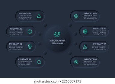 Iinfografía oscura del diagrama de flujo neumórfico. Concepto creativo para infografía con 8 pasos, opciones, partes o procesos.	