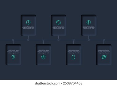 Neumorphic flowchart dark iinfographic. Creative concept for infographic with 7 steps, options, parts or processes.