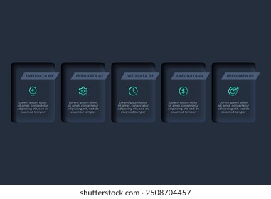 Infográfico escuro de fluxograma neumórfico. Conceito criativo para infográfico com 5 etapas, opções, partes ou processos.