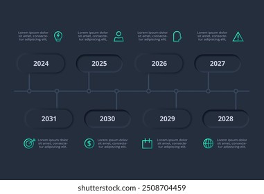 Neumorphic flowchart dark iinfographic. Creative concept for infographic with 8 steps, options, parts or processes.