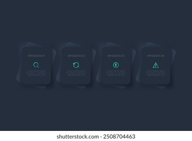 Neumorphic flowchart dark iinfographic. Creative concept for infographic with 4 steps, options, parts or processes.