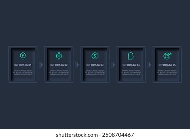 Neumorphic flowchart dark iinfographic. Creative concept for infographic with 5 steps, options, parts or processes.