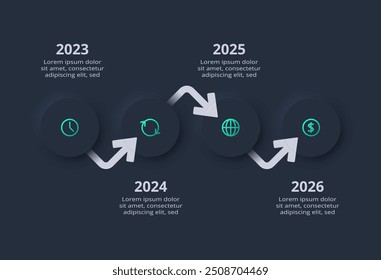 Infográfico escuro de fluxograma neumórfico. Conceito criativo para infográfico com 4 etapas, opções, partes ou processos.