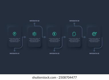 Infografía oscura del diagrama de flujo neumórfico. Concepto creativo para infografía con 5 pasos, opciones, partes o procesos.