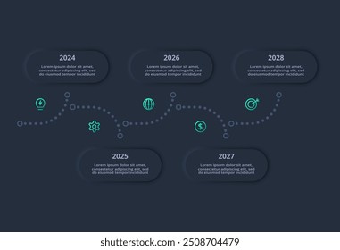 Infográfico escuro de fluxograma neumórfico. Conceito criativo para infográfico com 5 etapas, opções, partes ou processos.