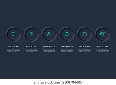 Infografía oscura del diagrama de flujo neumórfico. Concepto creativo para infografía con 6 pasos, opciones, partes o procesos.