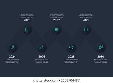 Infografía oscura del diagrama de flujo neumórfico. Concepto creativo para infografía con 76 pasos, opciones, partes o procesos.
