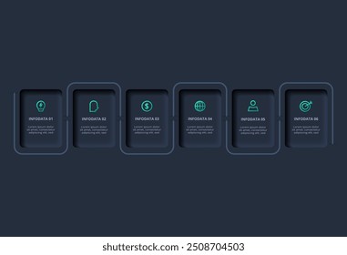 Neumorphic flowchart dark iinfographic. Creative concept for infographic with 6 steps, options, parts or processes.