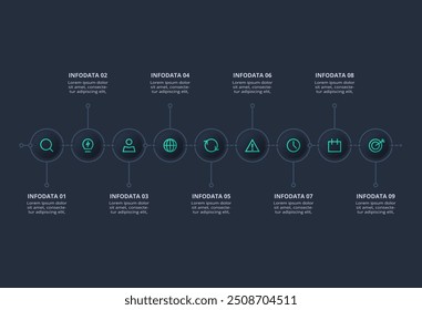 Infográfico escuro de fluxograma neumórfico. Conceito criativo para infográfico com 9 etapas, opções, partes ou processos.