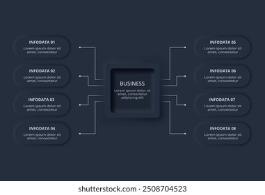 Infografía oscura del diagrama de flujo neumórfico. Concepto creativo para infografía con 8 pasos, opciones, partes o procesos.
