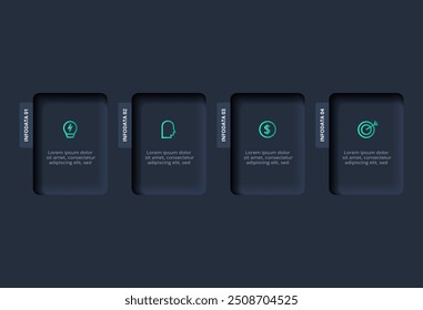 Neumorphic flowchart dark iinfographic. Creative concept for infographic with 4 steps, options, parts or processes.
