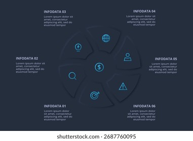 Neumorphic flowchart dark iinfographic. Creative concept for infographic with 6 steps or processes.