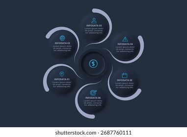 Neumorphes Flussdiagramm, dunkle Infografik. Kreatives Konzept für Infografik mit 6 Schritten oder Prozessen.