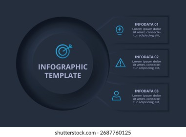Infografía oscura del diagrama de flujo neumórfico. Concepto creativo para infografía con 3 pasos o procesos.