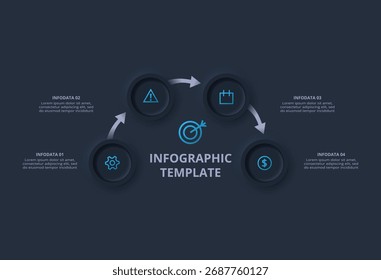 Neumorphes Flussdiagramm, dunkle Infografik. Kreatives Konzept für Infografik mit 4 Schritten oder Prozessen.