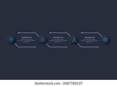 Infografía oscura del diagrama de flujo neumórfico. Concepto creativo para infografía con 3 pasos o procesos.