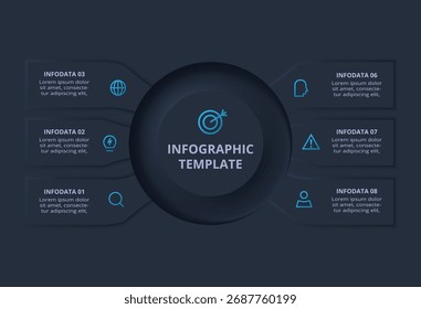Neumorphic flowchart dark iinfographic. Creative concept for infographic with 6 steps or processes.