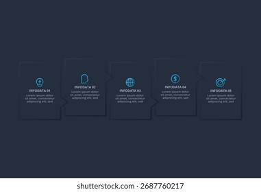 Infográfico escuro de fluxograma neumórfico. Conceito criativo para infográfico com 5 etapas ou processos.