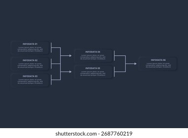 Neumorphic flowchart dark iinfographic. Creative concept for infographic with 6 steps or processes.
