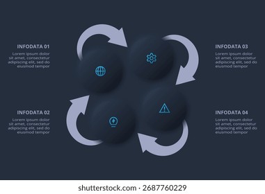 Neumorphes Flussdiagramm, dunkle Infografik. Kreatives Konzept für Infografik mit 
4 Schritte oder Prozesse.