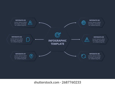 Infográfico escuro de fluxograma neumórfico. Conceito criativo para infográfico com 6 etapas ou processos.