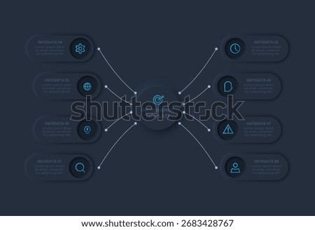 Neumorphic flowchart dark iinfographic. Creative concept for infographic with 8 steps or processes.