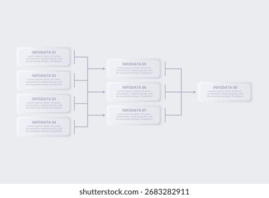 Infográfico de fluxograma neumórfico. Conceito criativo para infográfico com 8 etapas ou processos.