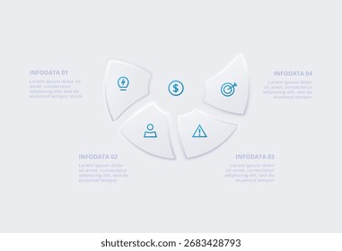 Infográfico de fluxograma neumórfico. Conceito criativo para infográfico com 4 etapas ou processos.