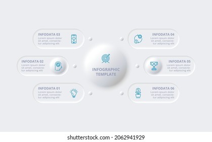 Neumorphic flowchart infographic.  Creative concept for infographic with 6 steps, options, parts or processes. Template for diagram, graph, presentation and chart.