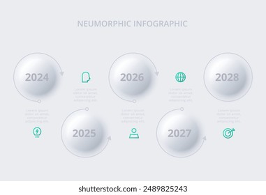 Neumorphic flowchart infographic. Creative concept for infographic with 5 options. Template for presentation and chart.