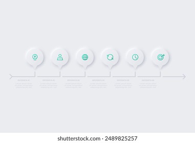 Infografía de diagrama de flujo neumórfico. Concepto creativo para infografía con 6 opciones. Plantilla para presentación y gráfico.