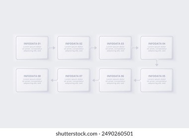 Infografía de diagrama de flujo neumórfico. Concepto creativo para infografía con 8 opciones. Plantilla para presentación y gráfico.