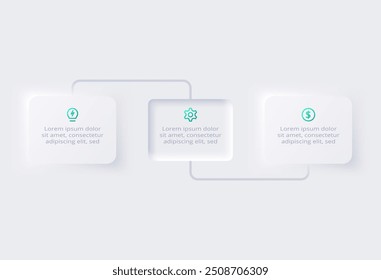 Infografía de diagrama de flujo neumórfico. Concepto creativo para infografía con 3 pasos, opciones. Presentación de la Plantilla