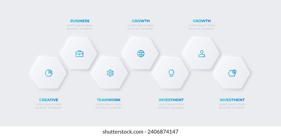 Neumorphic hexagons for infographic. Process visualization with 7 options, parts or steps