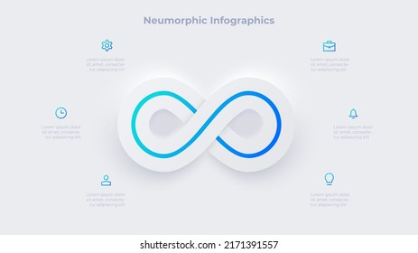 Neumorphic infinity infographic. Business data visualization with 6 steps. Concept of development process.